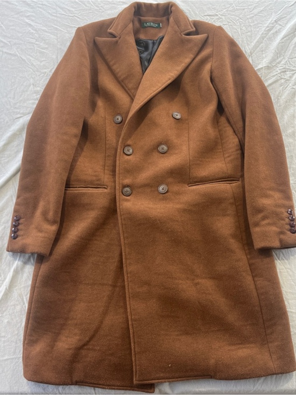 LAUREN Ralph Lauren Camel Brown Wool Pea Coat with Black Lining
